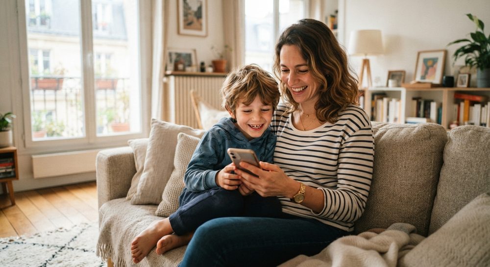 Une maman et son fils choisissent une activité sur l’application